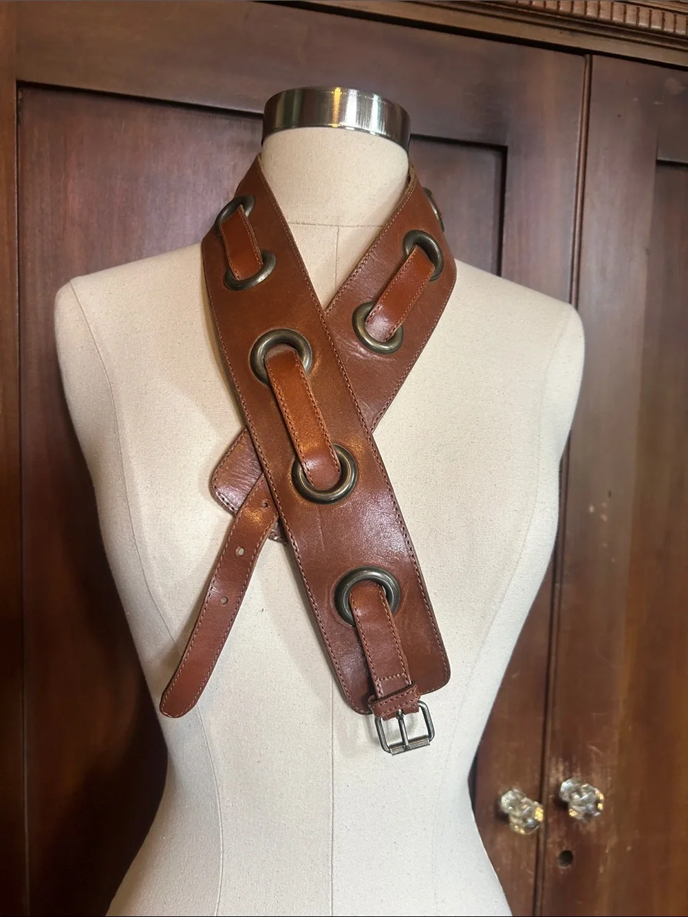 Vintage French Leather Grommet Belt Cognac Brown M